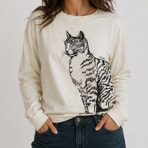 Marushka Handprints Cat Shirt Womens Medium Ivory Long Sleeve Graphic Tee Art